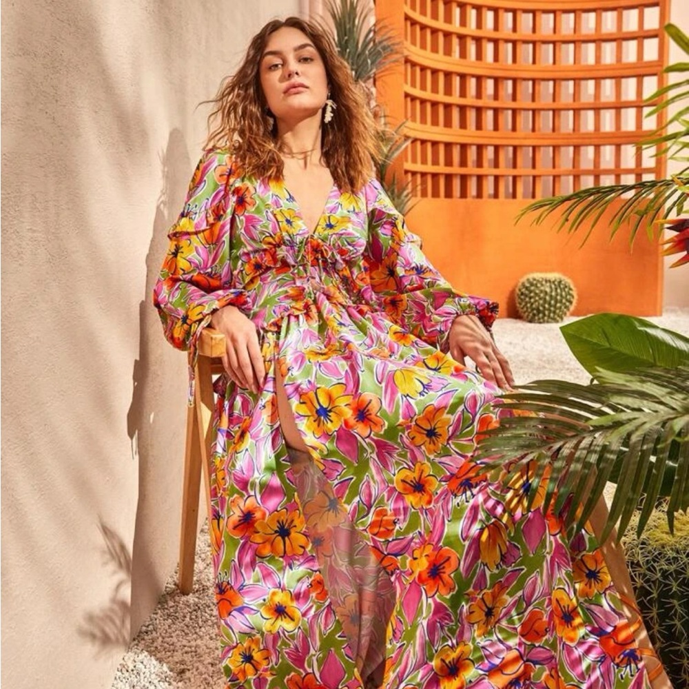 Floral Print Lantern Sleeve Split Thigh Dress